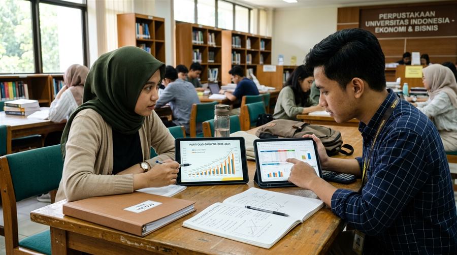 Dua mahasiswa ekonomi dan bisnis berdiskusi menganalisis portofolio pertumbuhan investasi di perpustakaan