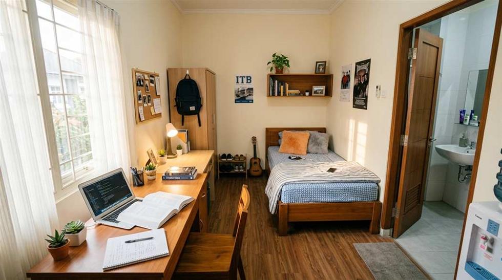 Kamar kost mahasiswa modern dengan fasilitas meja belajar lemari dan tempat tidur rapi di Semarang