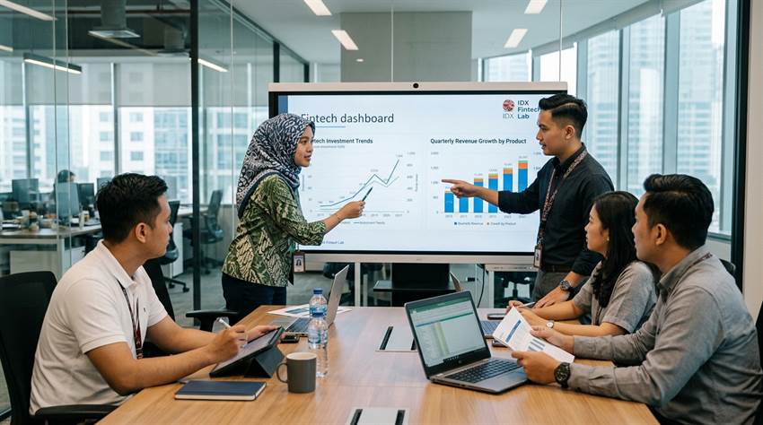 Diskusi tim analis keuangan dan manajemen dalam memantau tren pendapatan dan dashboard fintech