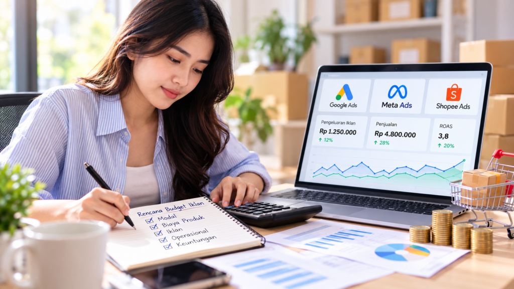 Pemilik bisnis online menyusun anggaran iklan dan menghitung biaya operasional untuk menjaga arus kas usaha.