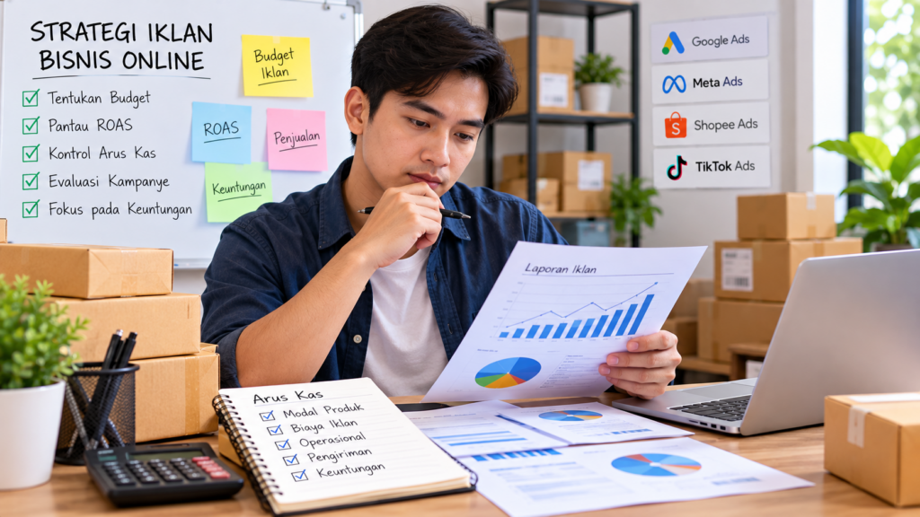 Pengusaha online mengevaluasi laporan iklan digital, ROAS, dan keuntungan untuk mengoptimalkan arus kas bisnis.