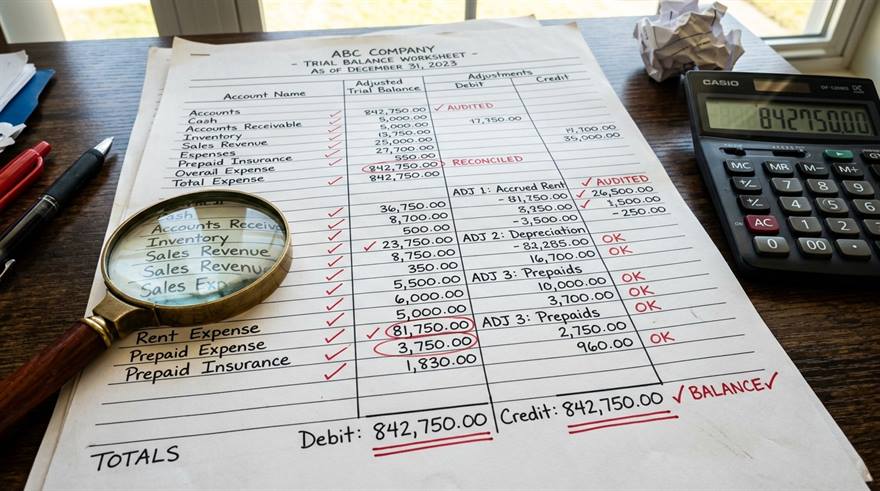 Pemeriksaan neraca lajur dan lembar kerja koreksi jurnal penyesuaian akuntansi perusahaan jasa